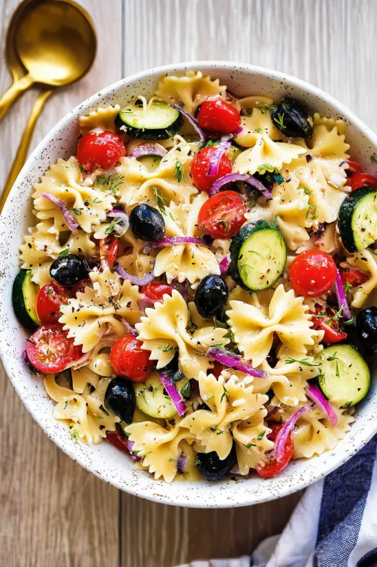 A bowl of pasta salad with tomatoes, cucumbers, olives, and pasta.