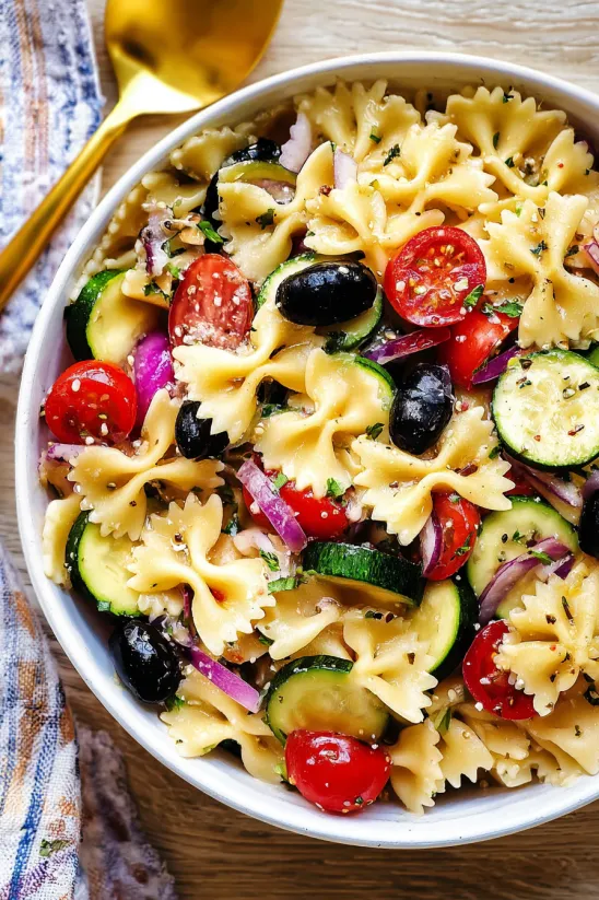A bowl of pasta salad with tomatoes, cucumbers, and olives.