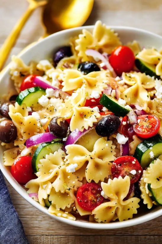A bowl of pasta salad with tomatoes, cucumbers, olives, and cheese.