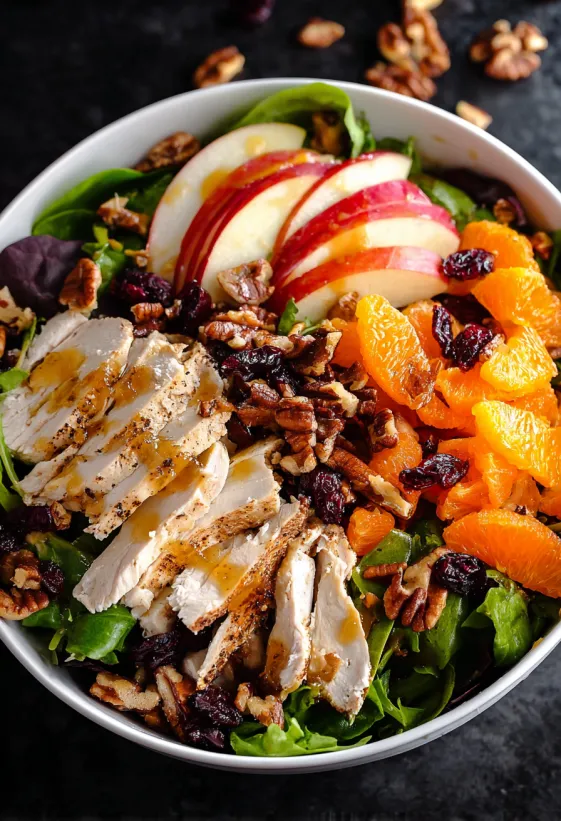 A bowl of salad with chicken, apples, oranges, and walnuts.