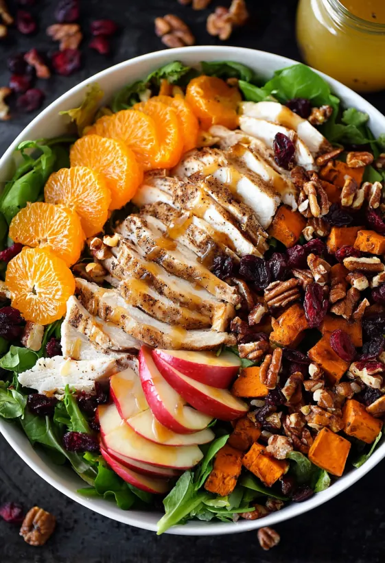 A salad with chicken, apples, oranges, and walnuts.
