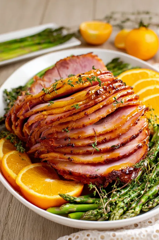 A glazed ham on a plate with oranges.