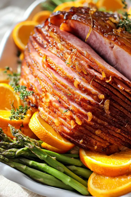 A glazed ham with oranges on top.