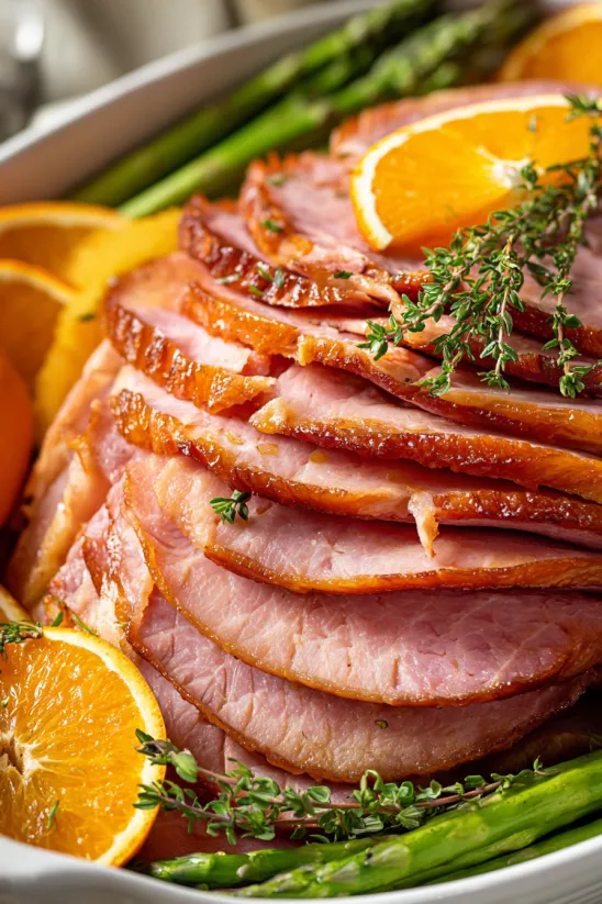 A spiral ham is glazed with orange juice and sliced oranges.