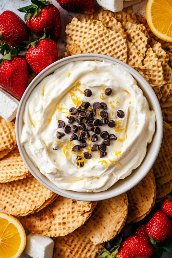 A bowl of cannoli dip with chocolate chips and orange zest.