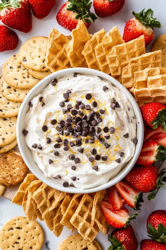 A bowl of cannoli dip with chocolate chips and orange slices.