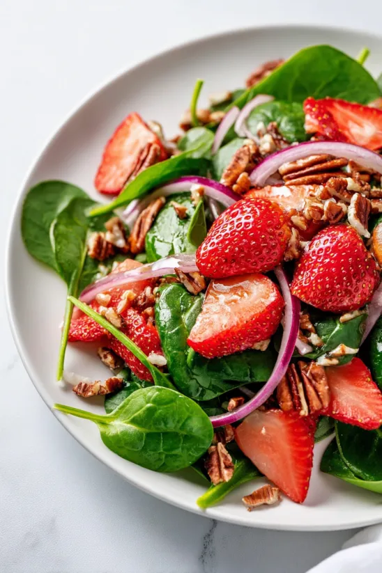 A plate of strawberry spinach salad.