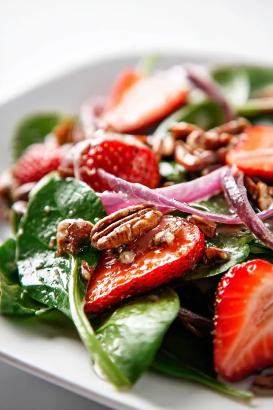 A plate of strawberry spinach salad.
