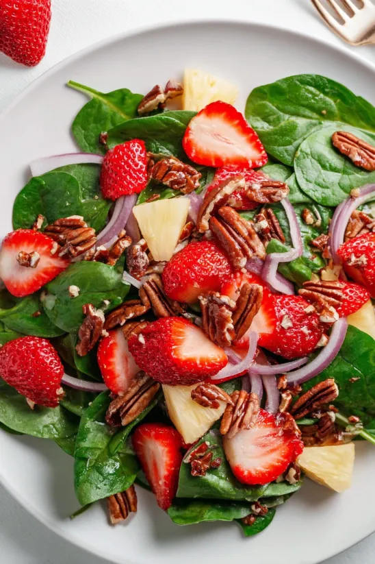 A plate of strawberry spinach salad.