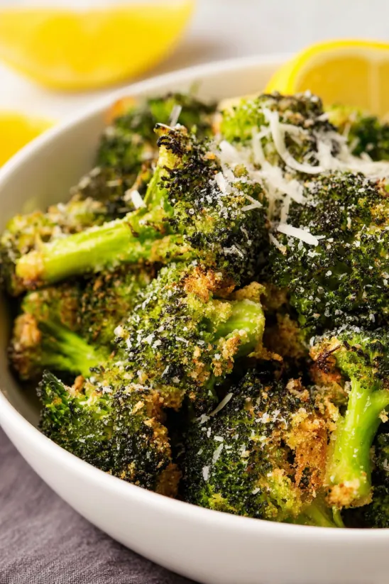 A bowl of Parmesan roasted broccoli.