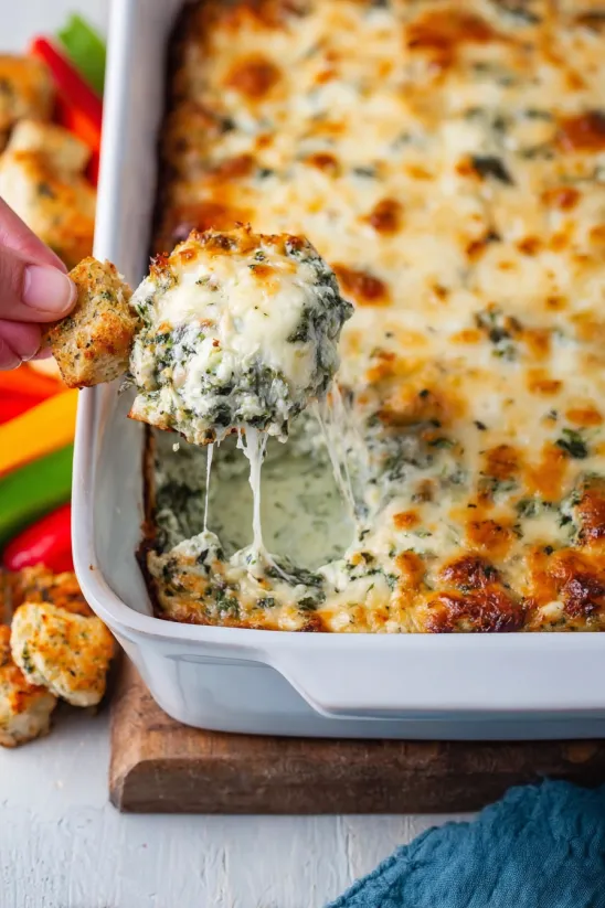 A person is dipping a piece of food into a hot spinach dip.