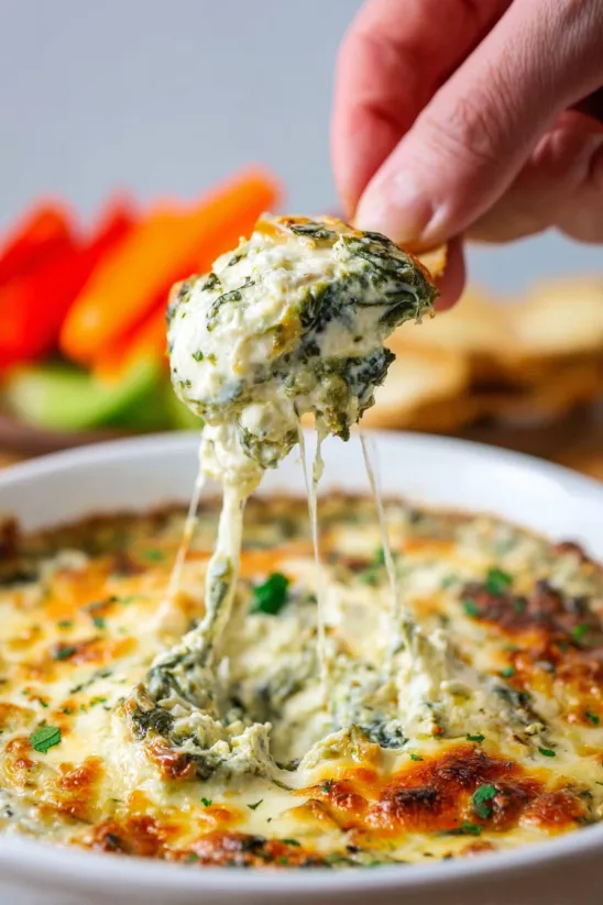 A person is dipping a piece of food into a bowl of spinach dip.
