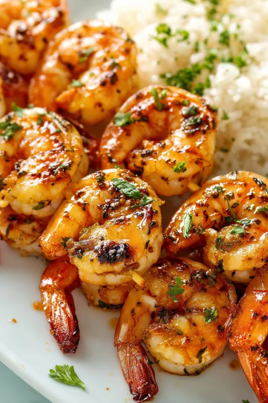 Shrimp skewers with a sweet and sticky sauce.