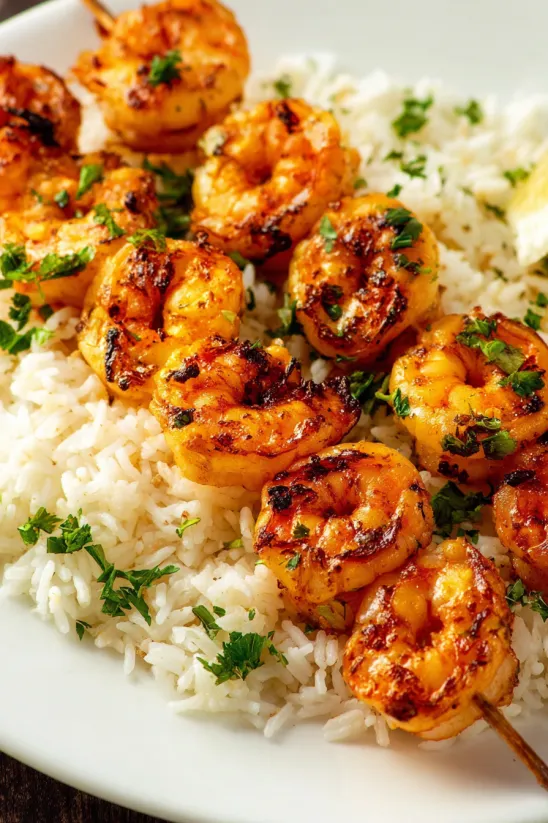 Shrimp skewers with rice and herbs.