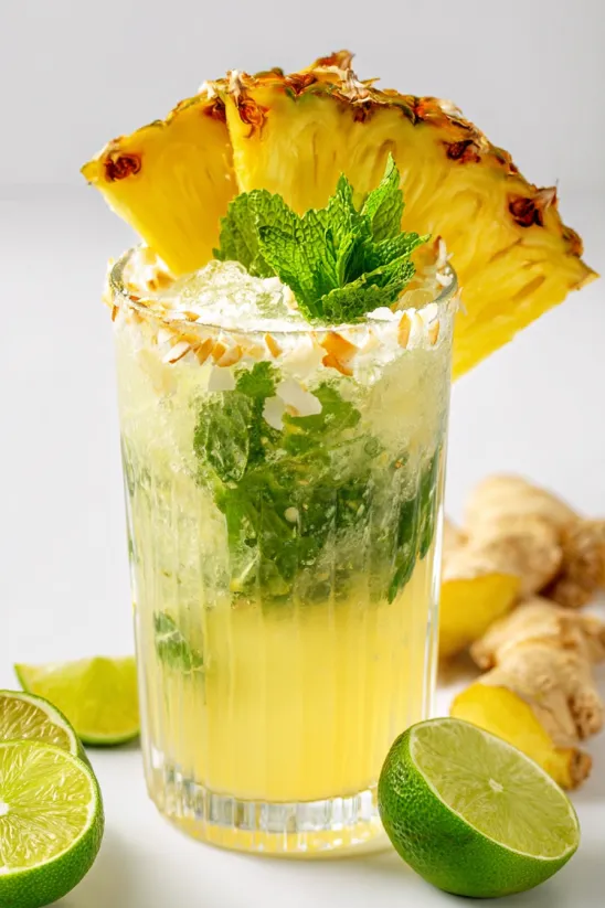A glass of pineapple coconut mojito with a pineapple wedge and lime wedge.