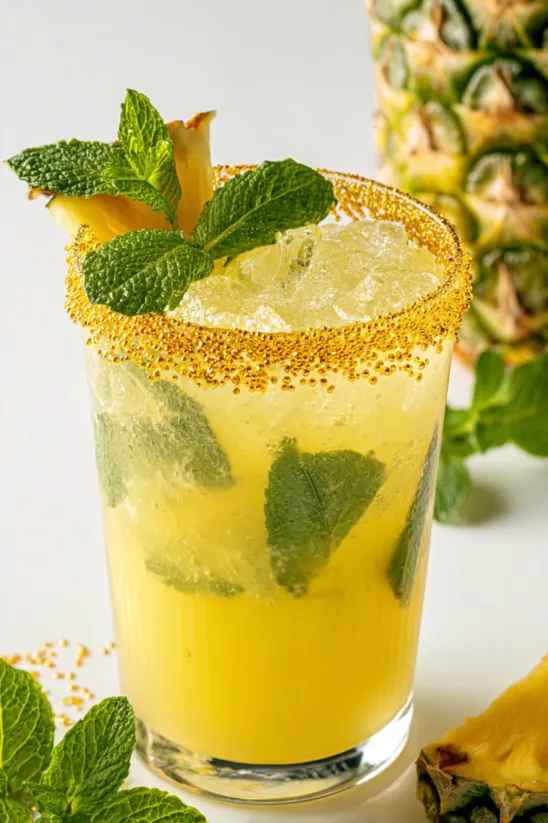 A glass of pineapple coconut mojito.