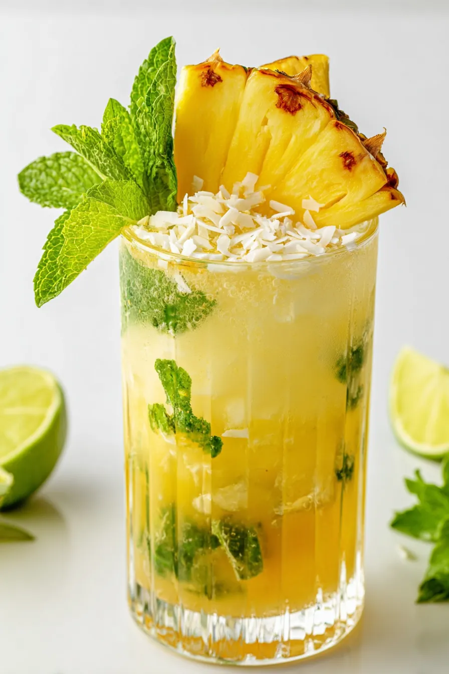 A glass of pineapple coconut mojito with a pineapple slice on top.