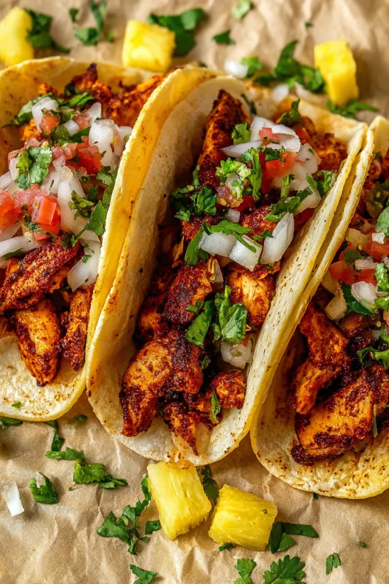 A delicious taco al pastor with chicken and pineapple.