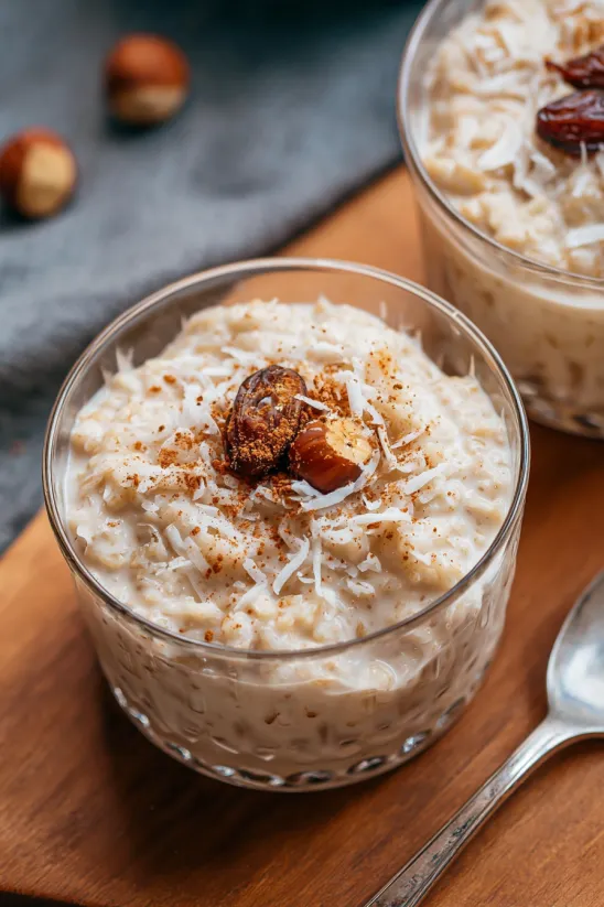 A glass of coconut rice pudding with a nut on top.