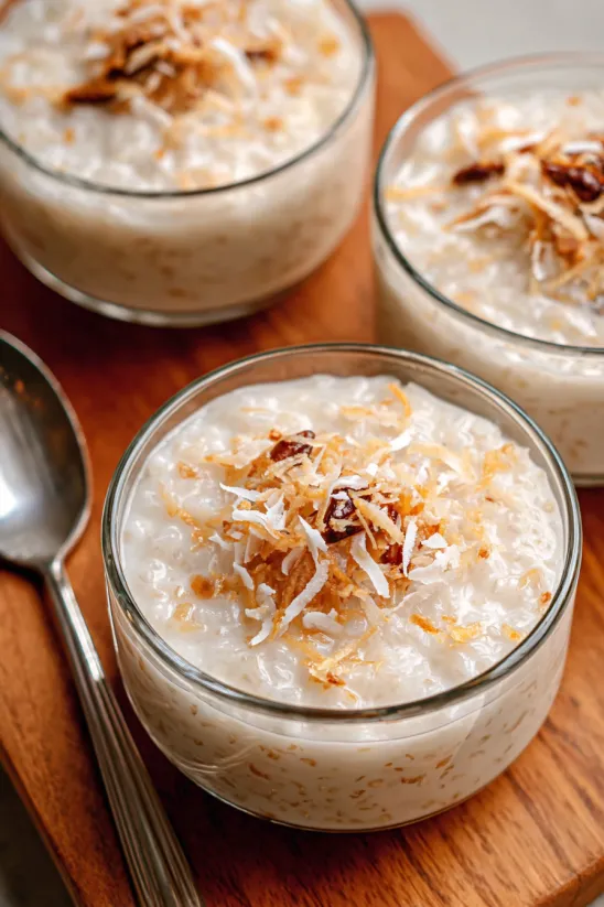 Three bowls of coconut rice pudding.