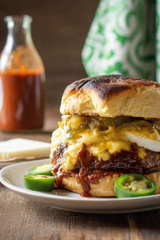 A juicy grilled BBQ burger with cheese and jalapenos.
