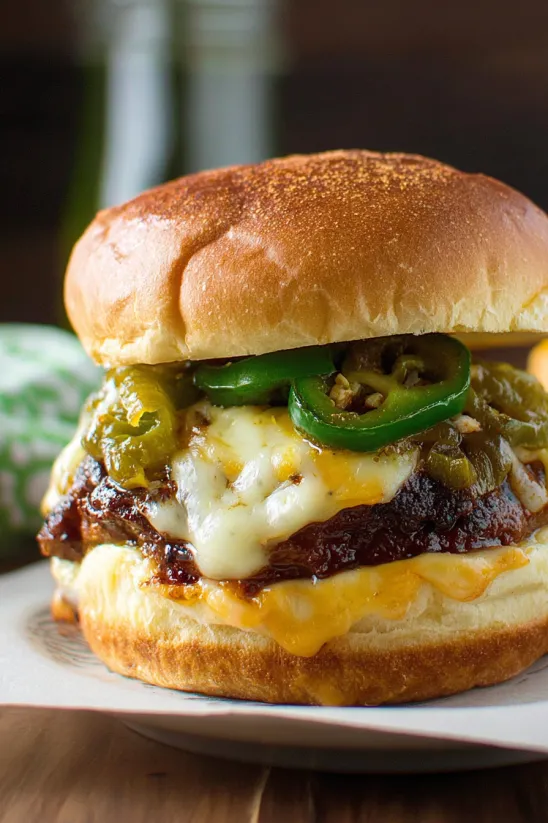 A juicy grilled BBQ burger with cheese and jalapenos.