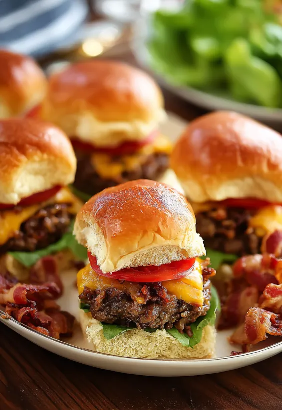 Bacon cheeseburger sliders on a plate.