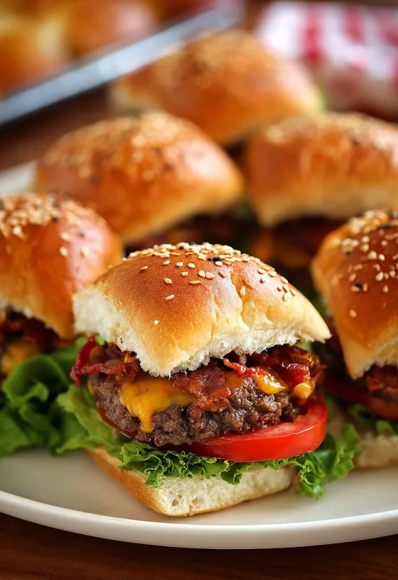 A plate of bacon cheeseburger sliders.