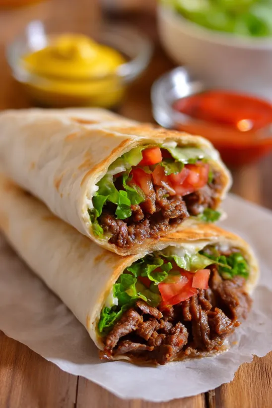 A burger wrap with lettuce and tomato.
