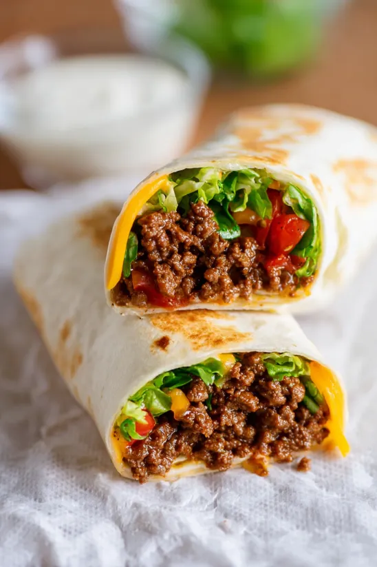 Two bacon cheeseburger wraps on a table.