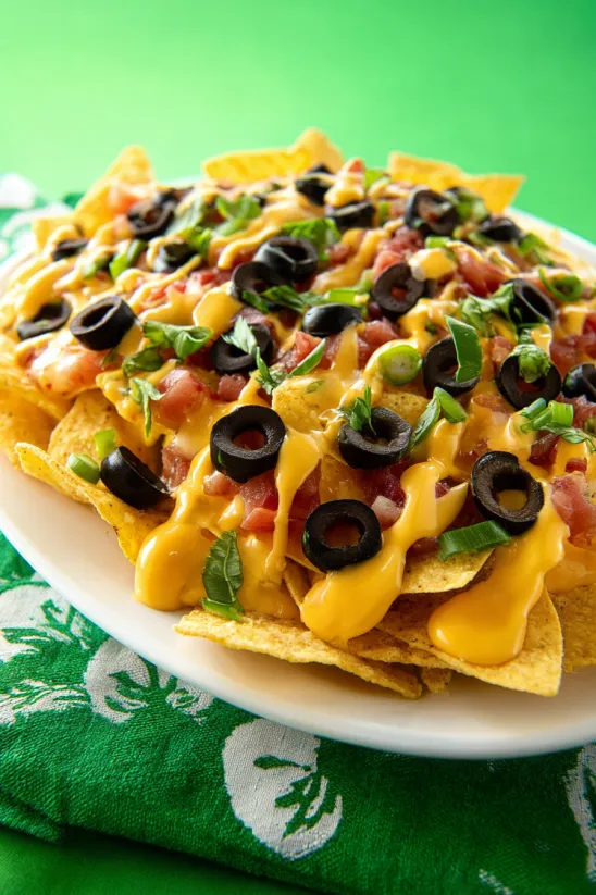 A plate of nachos with cheese and olives.