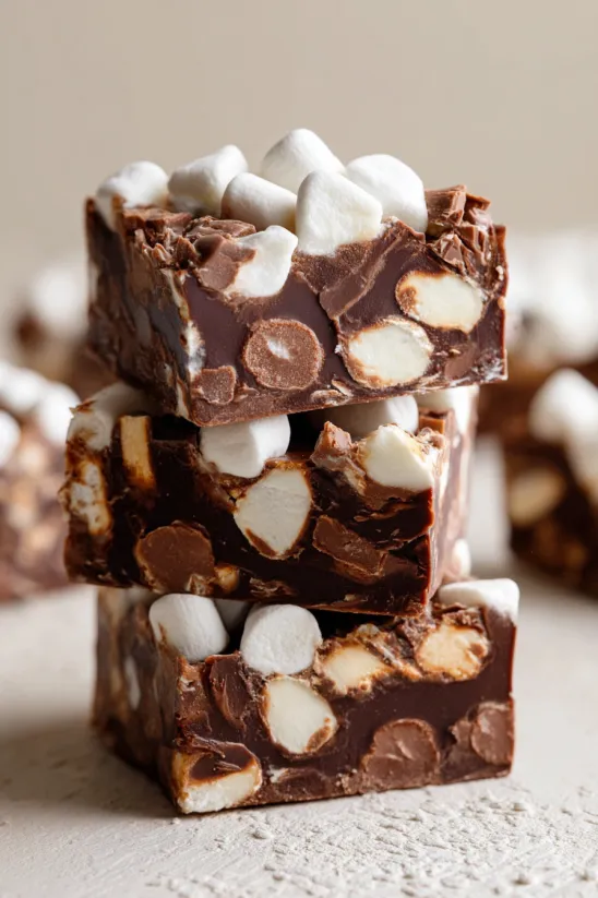 A stack of chocolate and marshmallow squares.