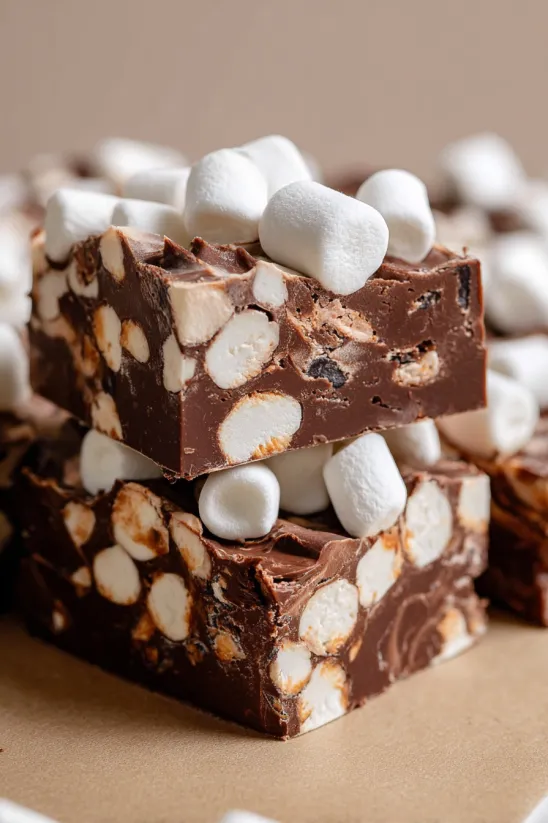 A stack of chocolate and marshmallow squares.