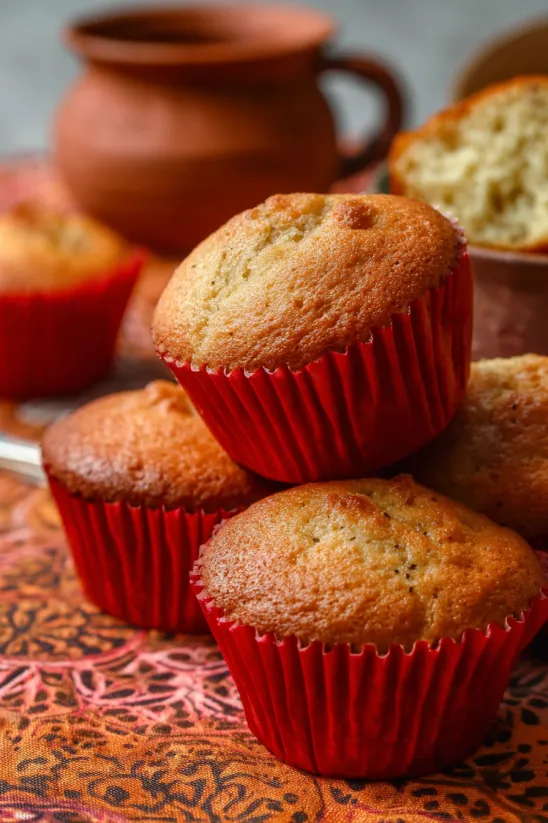 A stack of muffins in a red cup.