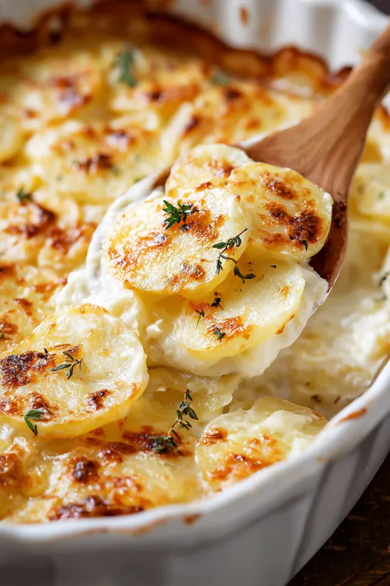 A close up of a dish of garlic Parmesan scalloped potatoes.