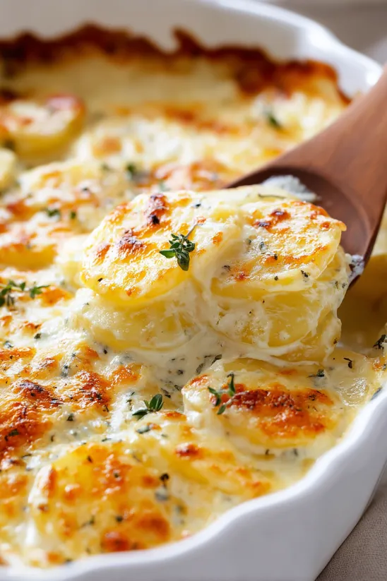 A close up of garlic parmesan scalloped potatoes.