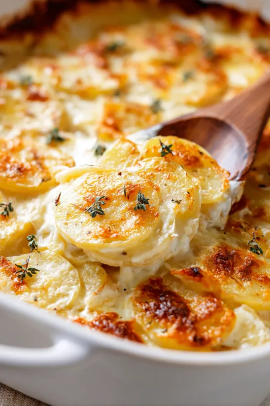 A wooden spoon is in a dish of garlic Parmesan scalloped potatoes.