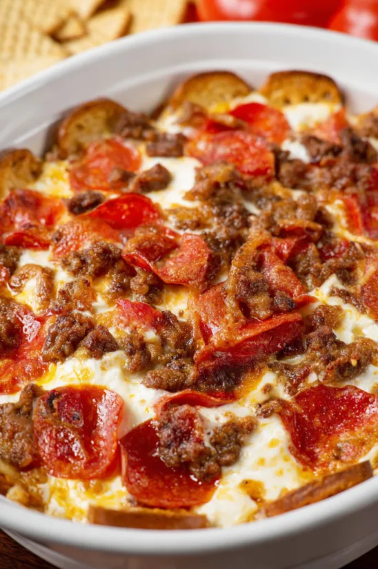 A close up of a meat lover's pizza dip.