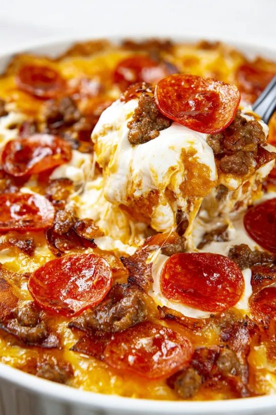 A close up of a Meat Lover's Pizza Dip.