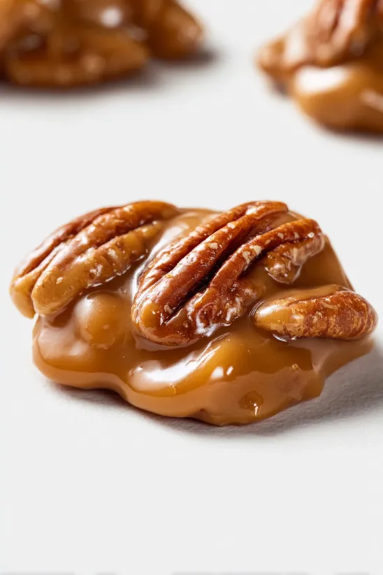 A close up of a pecan cluster with caramel drizzled on top.