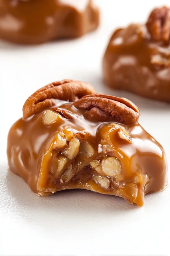 A close up of a caramel pecan cluster.