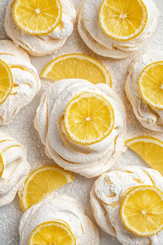 Lemon meringues with lemon wedges on top.