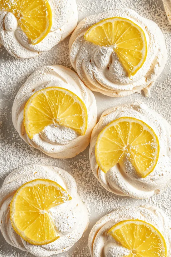 Lemon meringues with lemon slices on top.