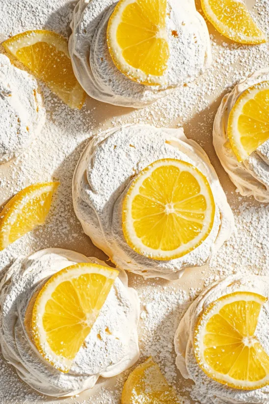 Lemon meringues with white powder on top.