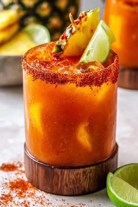 A glass of mangonada with a slice of lime.