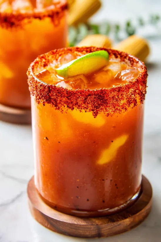 A glass of mangonada with a slice of lime.