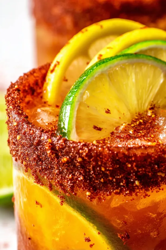 A glass of mangonada with a lemon wedge.