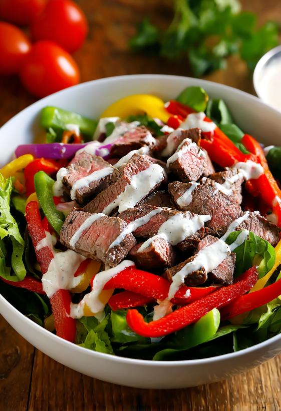 A bowl of steak fajita salad with chipotle ranch dressing.