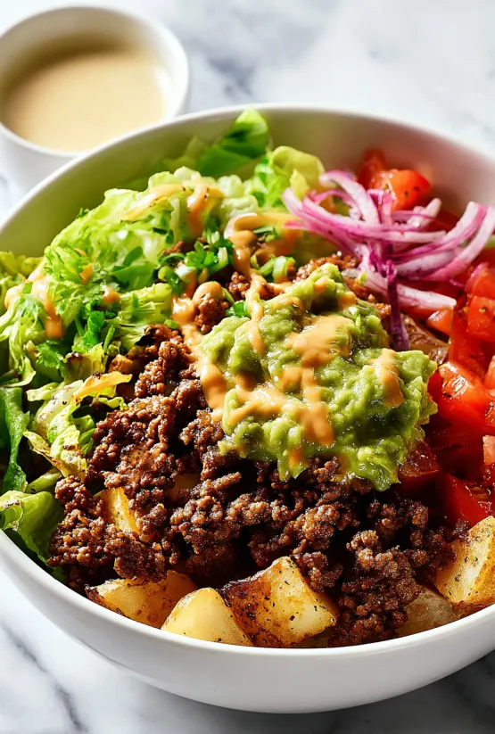 A bowl of food with lettuce, tomatoes, and avocado.