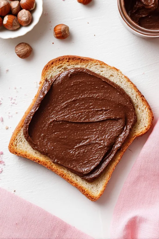 A slice of bread with Nutella on it.